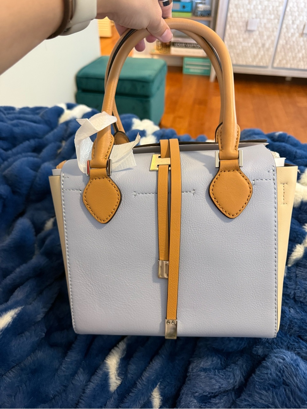 Michael Kors Collection Blue Leather Satchel with Tan Accents - Picture 4 of 13
